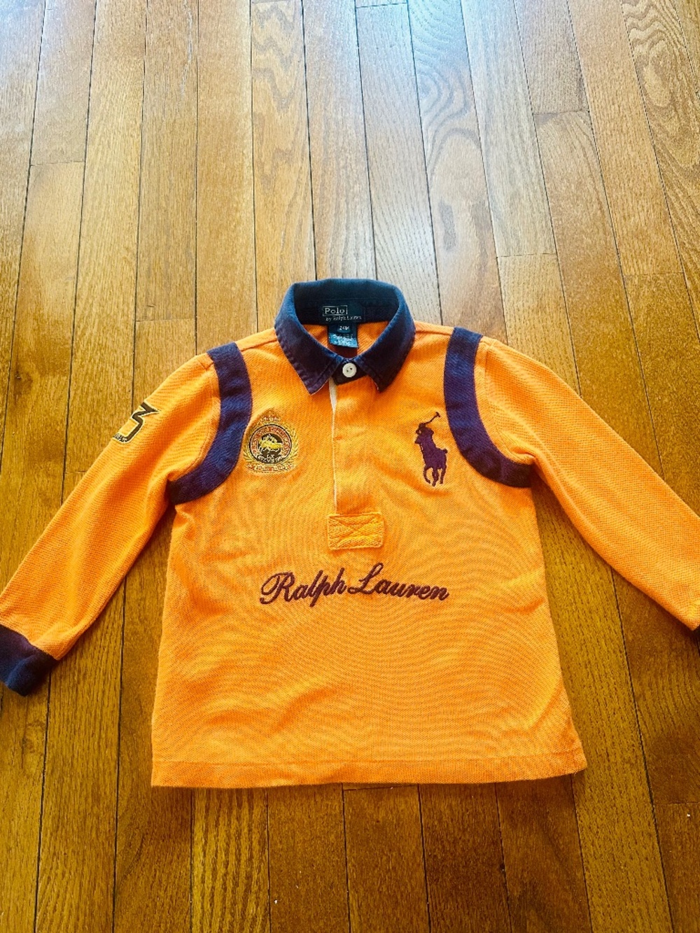 Polo Ralph Lauren Boys Rugby Shirt Size 24M Orange Big Pony Crest Long Sleeve